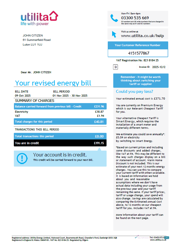download United Kingdom Utilita Energy utility bill template in Word and PDF formats PDF template